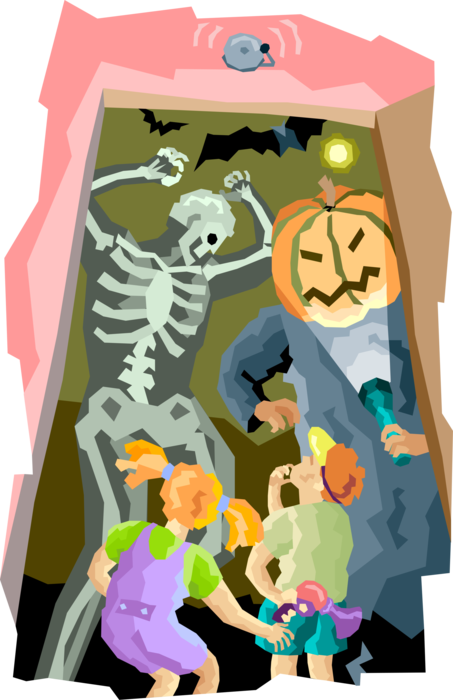 Vector Illustration of Amusement Park Haunted House with Halloween Pumpkin and Skeleton