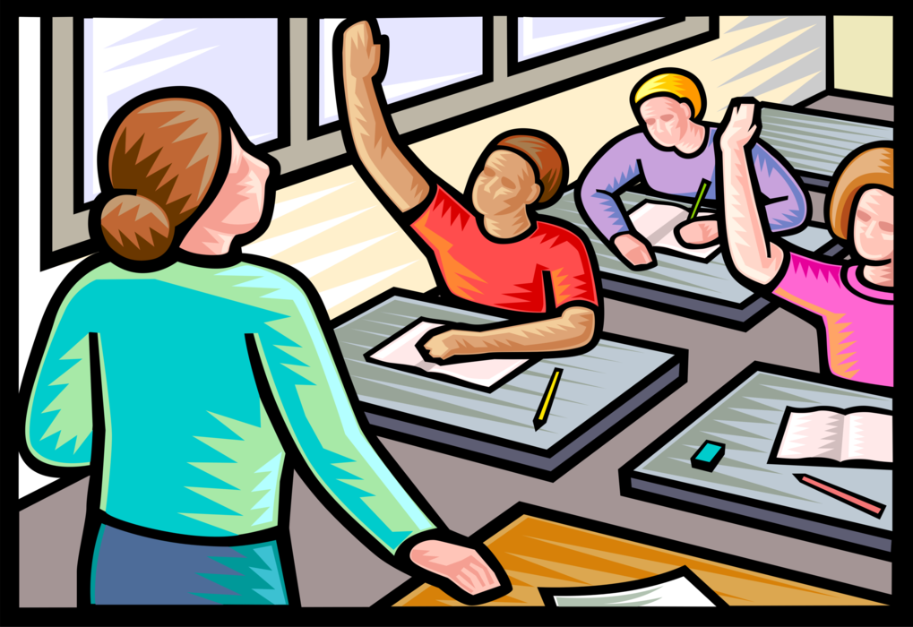 Vector Illustration of Students with Hands Raised in School Classroom Answer Teacher's Question