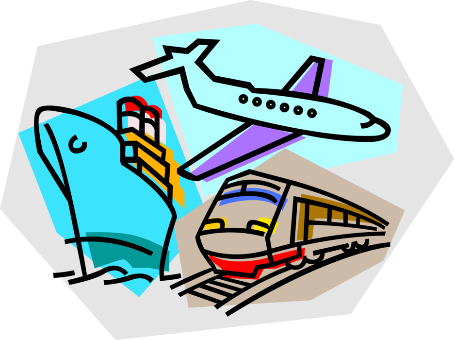 Vector Illustration of Modes of Transportation By Aircraft Airplane, Sea Vessel Ship, and Locomotive Railway Train
