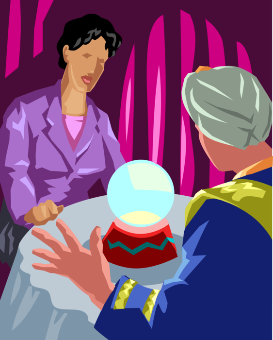 Vector Illustration of Psychic Fortune-Teller Crystal Ball Gazer Seer Prophesies Future Events