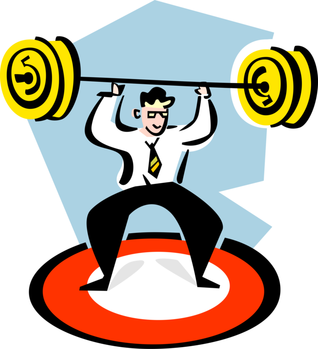Vector Illustration of Businessman Weightlifter Lifts Weights Over Head