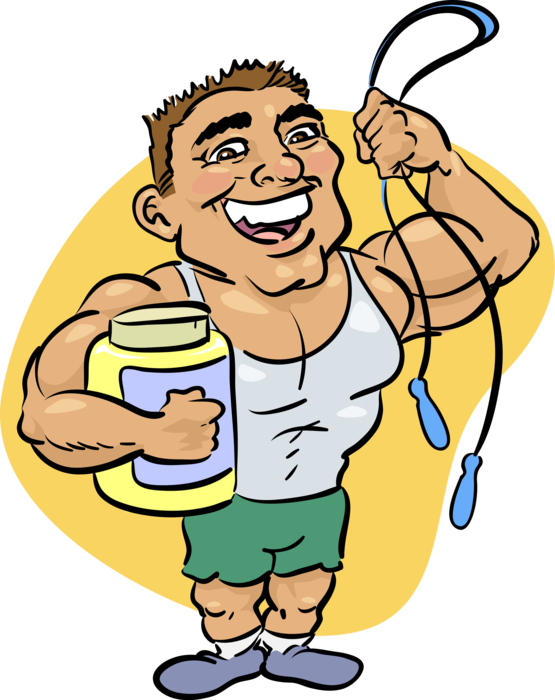 Vector Illustration of Weightlifter Bodybuilder with Sports Nutritional Supplements and Skipping Rope