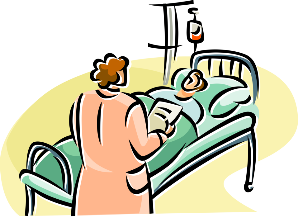 Vector Illustration of Sick Patient Lying in Hospital Bed with Doctor Physician