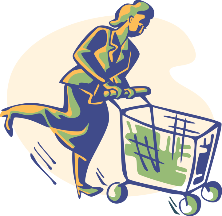 Vector Illustration of Supermarket Grocery Shopper with Shopping Cart