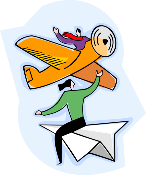 Vector Illustration of Pilots Flying Propeller and Paper Airplanes