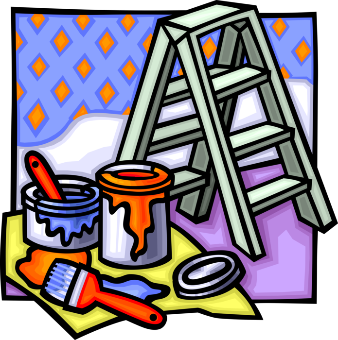 Vector Illustration of Home Renovation and Decoration Painting Equipment with Ladder and Paint