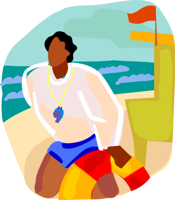 Vector Illustration of Lifeguard Keeps Watch on Beach Swimmers with Life Preserver
