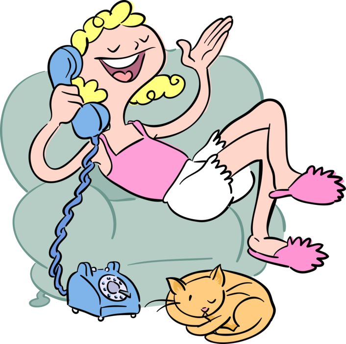 Vector Illustration of Teenager Talks on Telephone Phone with Domestic Pet Cat