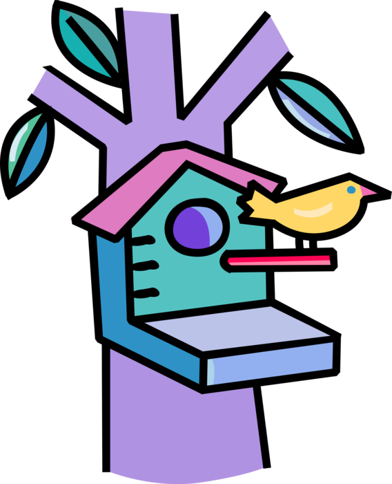 Vector Illustration of Feathered Bird Living in Birdhouse Shelter for Birds