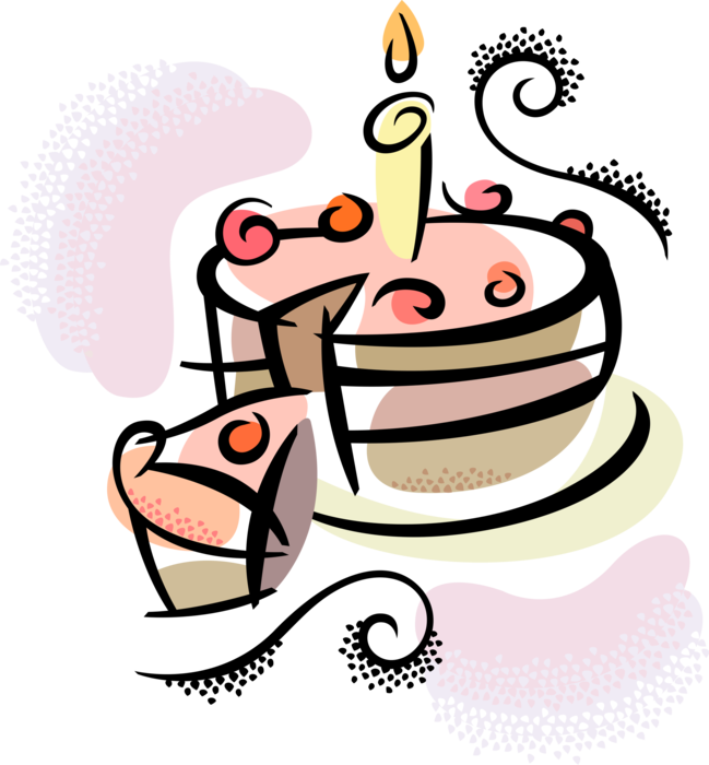 Vector Illustration of Slice of Birthday or Anniversary Cake with Lit Candle