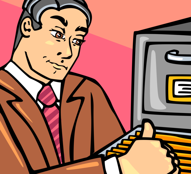 Vector Illustration of Office Worker Searches for Project File in Filing Cabinet