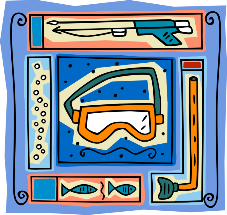 Vector Illustration of Scuba Diving Snorkel, Mask, Fish and Speargun Scuba Gun