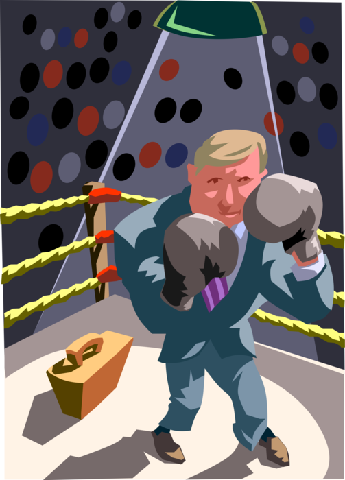 Vector Illustration of Businessman Boxer in Boxing Ring Boxes with Gloves