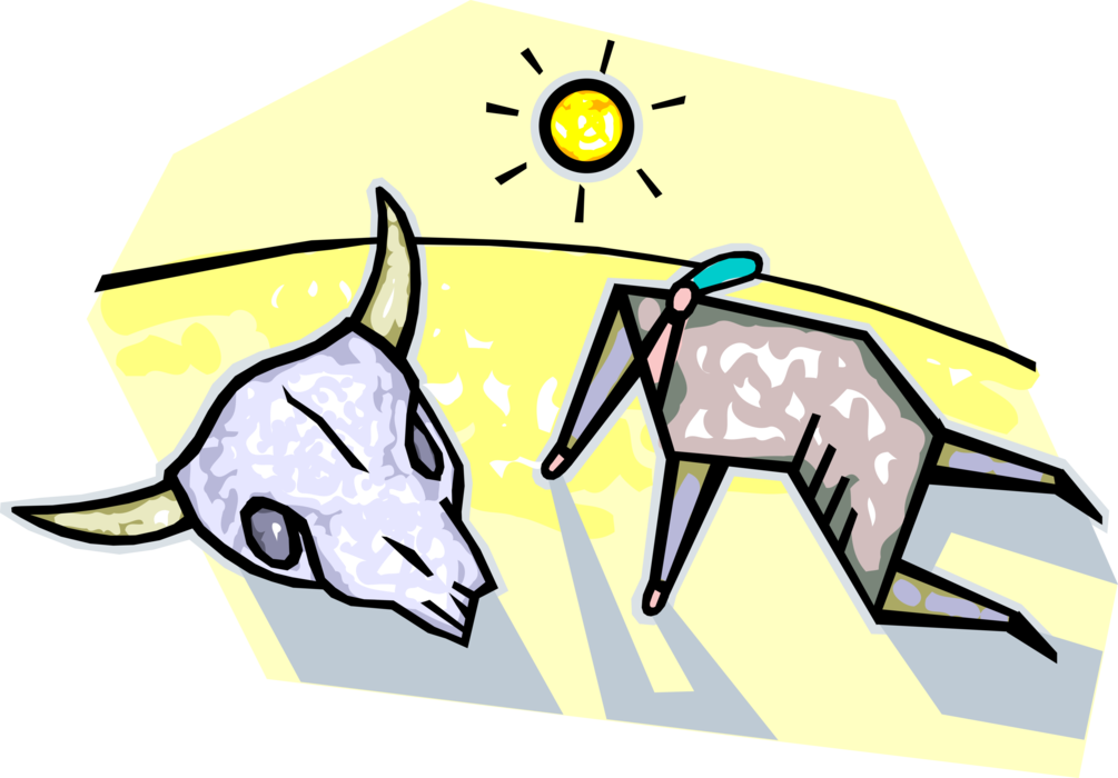 Vector Illustration of Dying of Thirst and Crawling Through Parched Desert Heat with Cattle Cow Skull