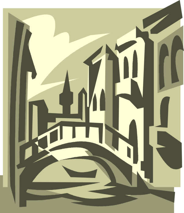 Vector Illustration of Venetian Bridge Over Canal, Venice Italy