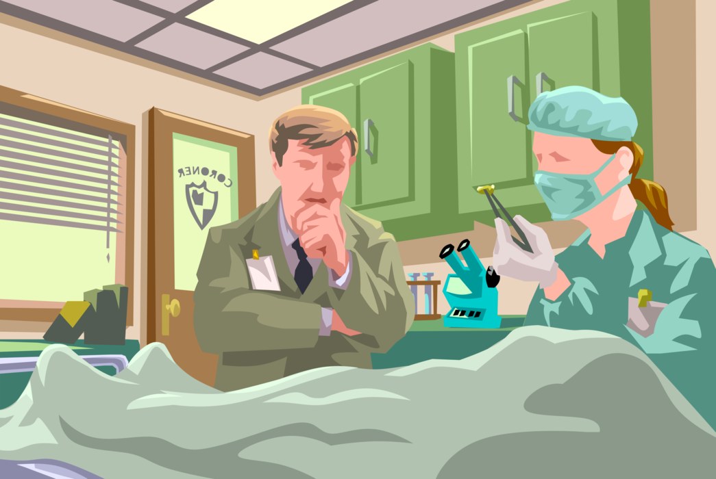 Vector Illustration of Law Enforcement Police Officer and Coroner at Morgue Review Autopsy of Body