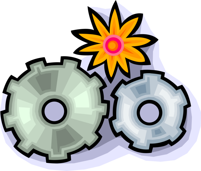 Vector Illustration of Cogwheel Gear Mechanism of Industrial Progress and Juxtaposed with Natural Environment