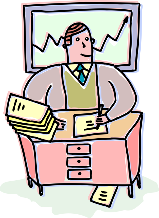 Vector Illustration of Businessman Working at Office Desk Paperwork