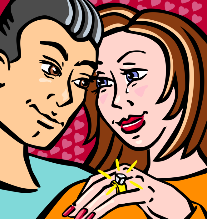 Vector Illustration of Couple Engaged to be Married with Diamond Engagement Ring