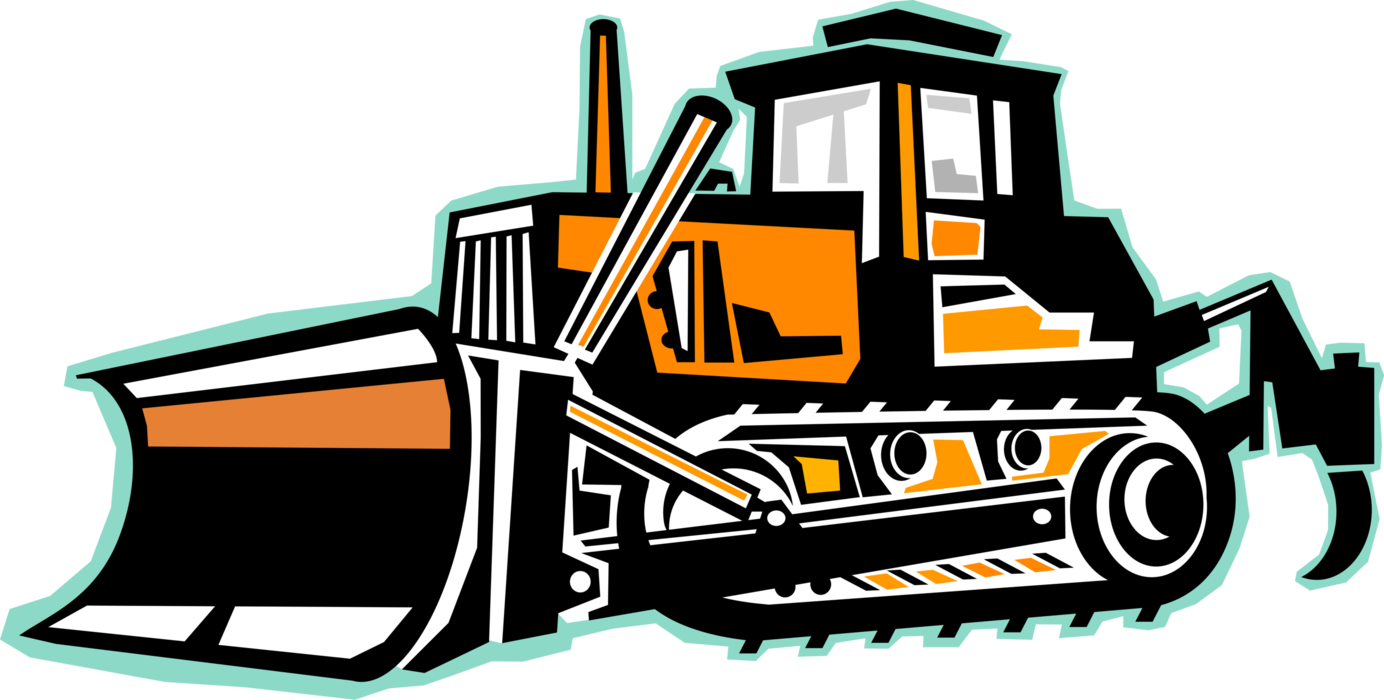 Vector Illustration of Construction Site with Earth Moving Bulldozer Continuous Tracked Tractor