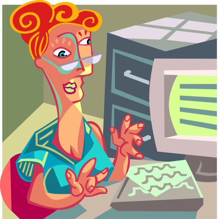 Vector Illustration of Businesswoman Sitting at Desk Working on Desktop Computer