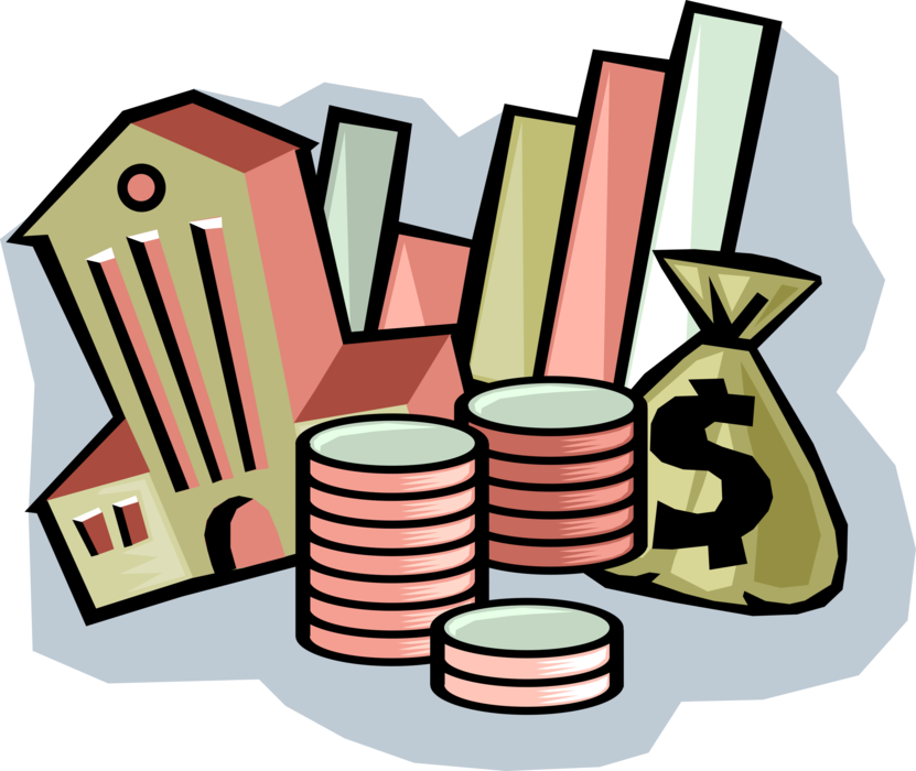 Vector Illustration of Financial Banking Symbols with Bank, Coins and Money Bag