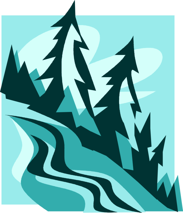 Vector Illustration of Ski Hill with Coniferous Evergreen Fir Pine Trees