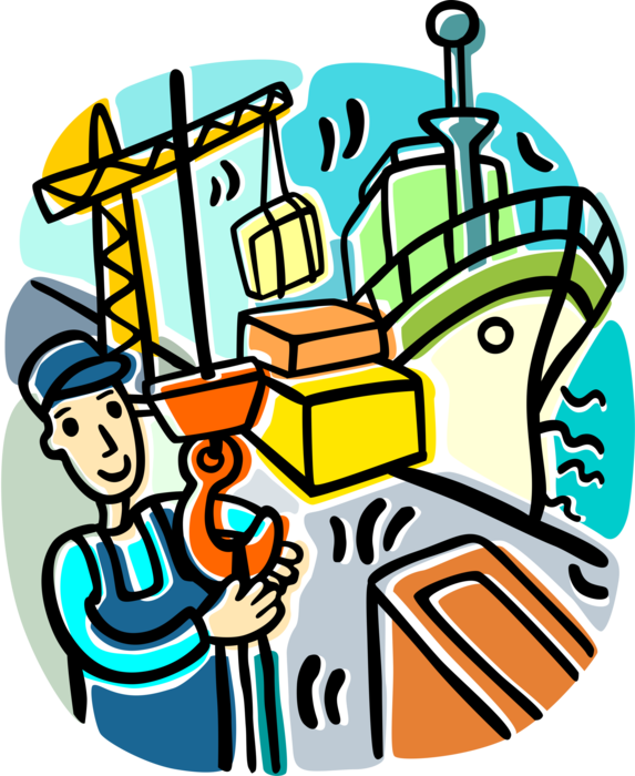 Vector Illustration of Longshoreman Stevedore Dockworker Waterfront Manual Laborer Loads and Unloads Cargo Ships