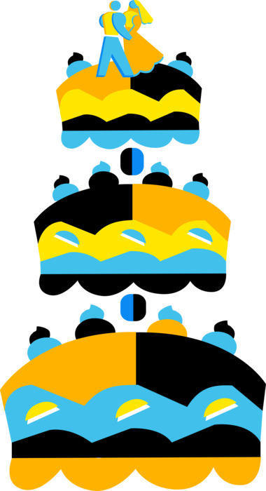 Vector Illustration of Three-Tiered Wedding Cake Dessert Served at Marriage Receptions with Bride and Groom