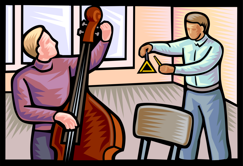 Vector Illustration of Musician Tunes Bass Violin or Double Bass Bowed String Instrument in Music Lesson
