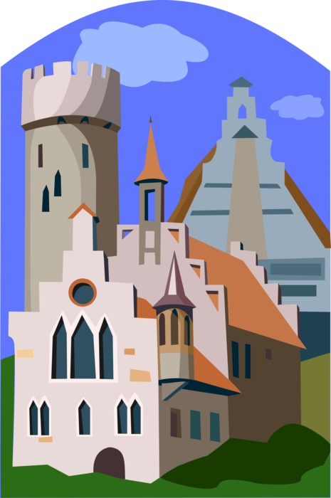 Vector Illustration of Fortified Castle and Church Architecture from Middle Ages