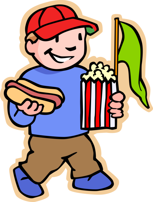 Vector Illustration of Primary or Elementary School Student Boy with Hotdog, Popcorn and Team Pennant at Sports Game