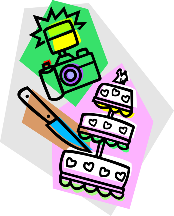 Vector Illustration of Photographic Camera Takes Photography Photo Pictures of Wedding Cake with Knife