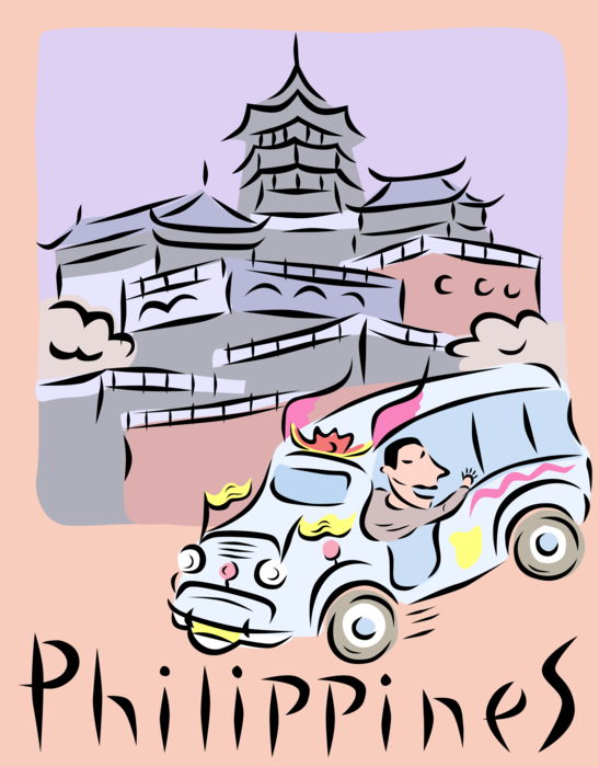 Vector Illustration of Philippines Taoist Temple Cebu City with Jeepney Bus