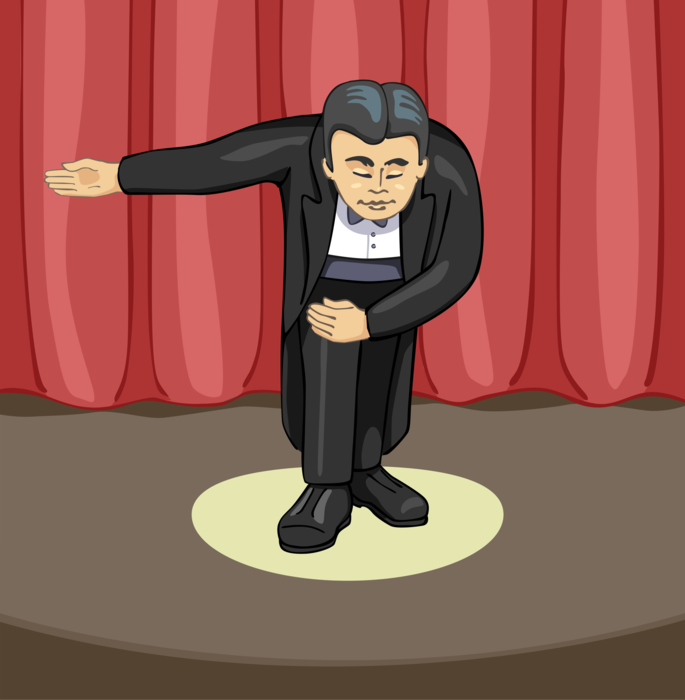 Vector Illustration of Theatre or Theater Actor Performer Takes Bow on Stage