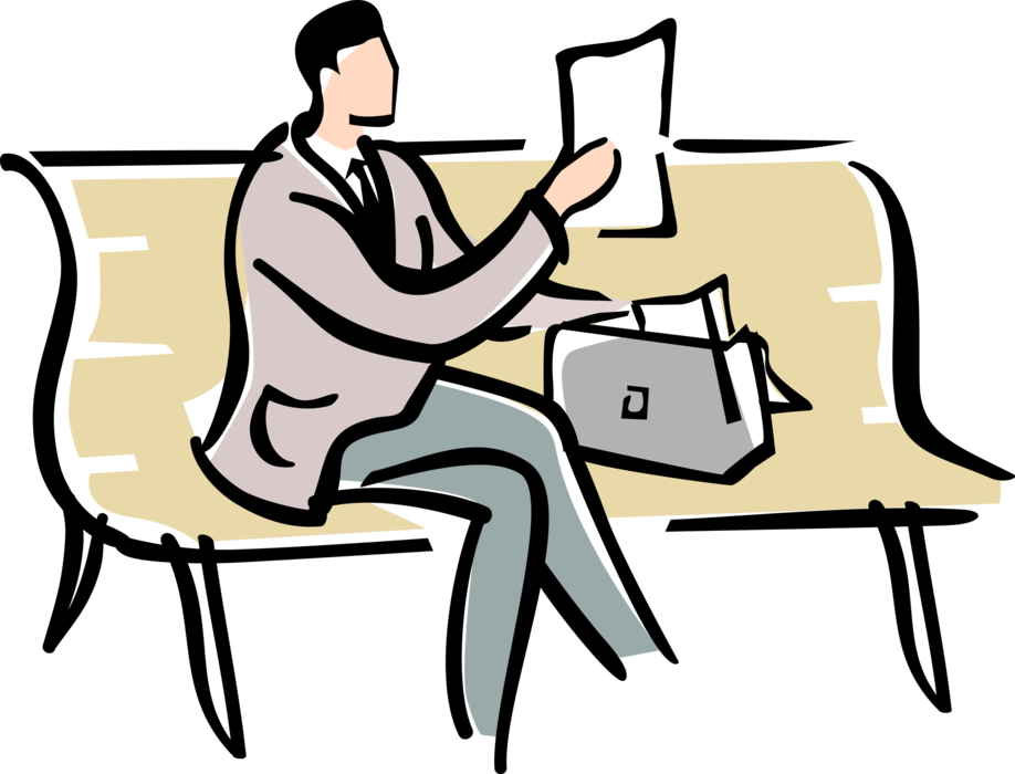 Vector Illustration of Businessman Sits on Park Bench Reading Business Documents