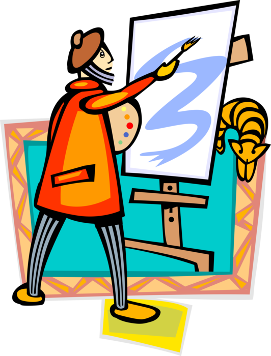 Vector Illustration of Visual Fine Arts Artist Paints Picture on Canvas with Brush and Paint