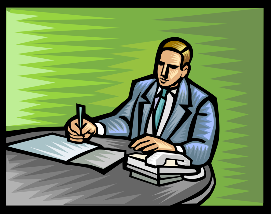 Vector Illustration of Businessman Working at Desk in Office