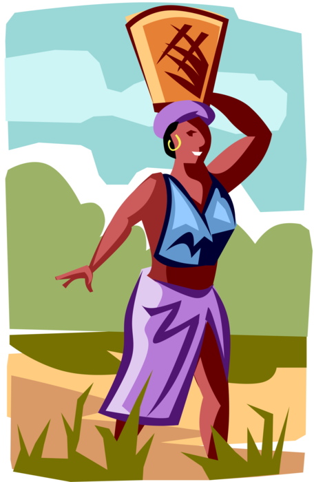 Vector Illustration of African Native Women Walking with Basket Balancing on Head