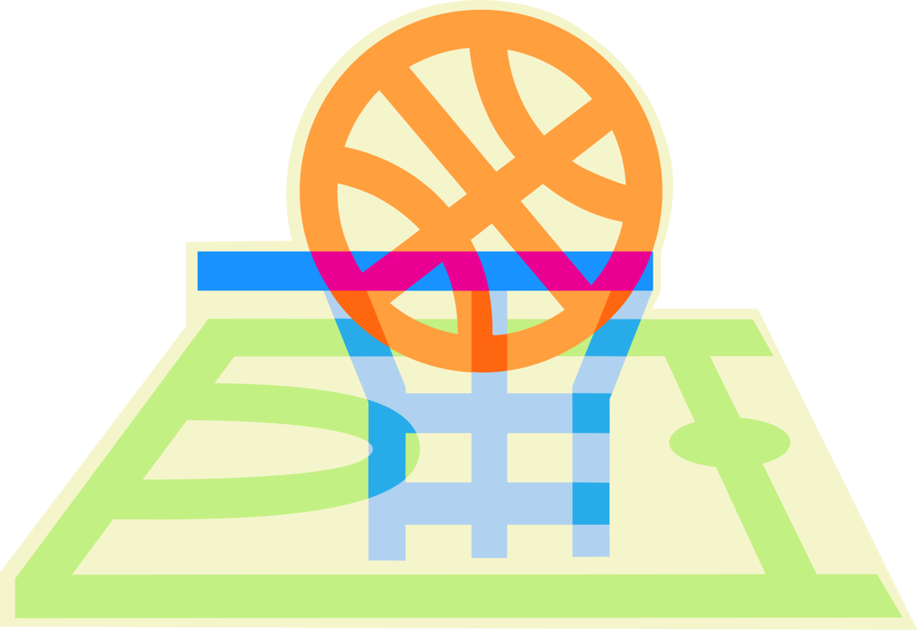 Vector Illustration of Basketball, Basketball Hoop, Basketball Court