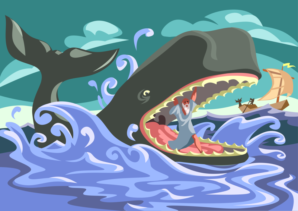 Vector Illustration of Jonah Being Swallowed by Fish Inside the Whale Biblical Story