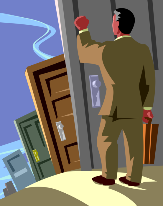 Vector Illustration of Businessman Business Solicitation Cold Calling Knocking on Doors