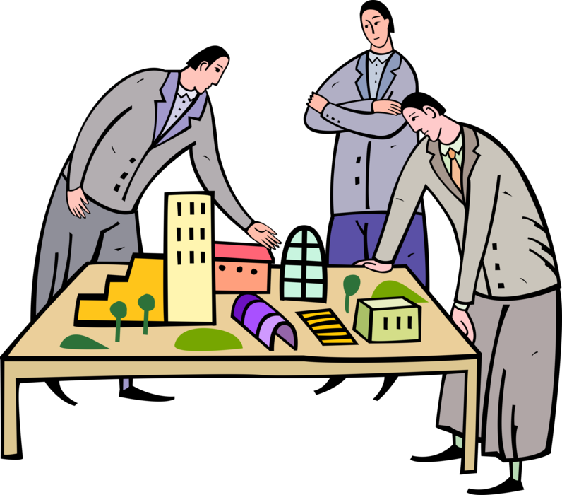 Vector Illustration of Architects and City Planners Discuss Urban Building Model
