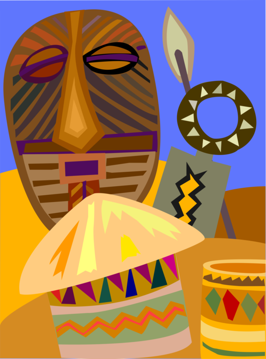 Vector Illustration of Traditional African Tribal Mask with Village Hut