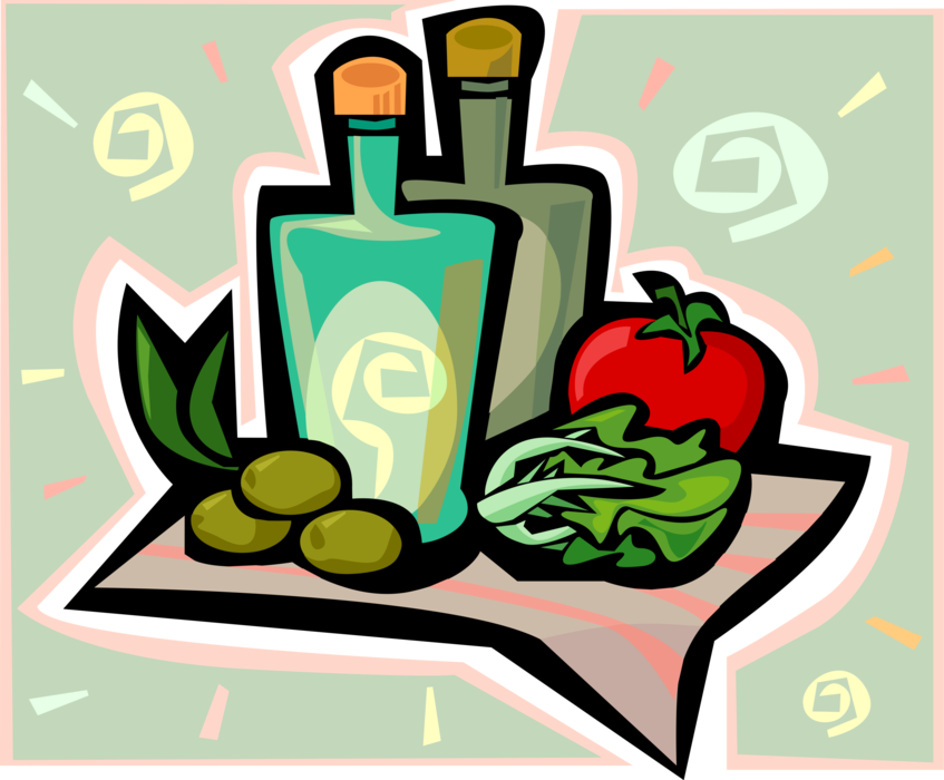 Vector Illustration of Salad Ingredients with Olive Oil, Vinegar, Olives, Lettuce and Tomato