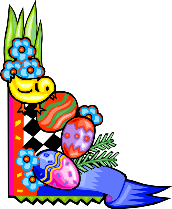 Vector Illustration of Decorated Pascha Easter Egg Border with Colored Eggs, Flowers and Chick