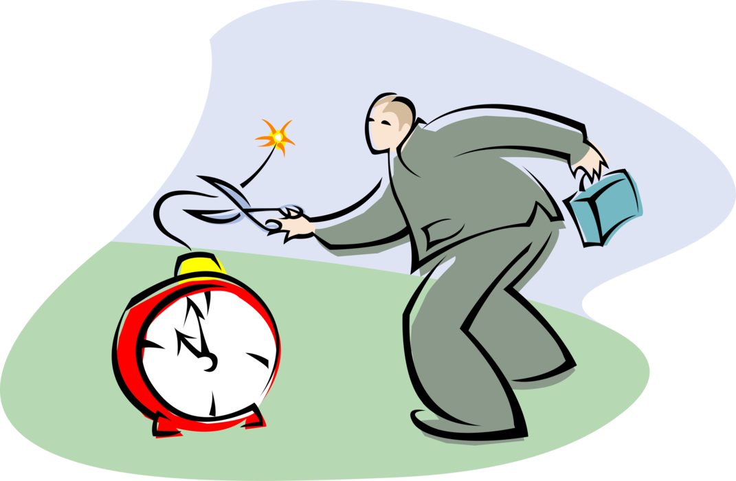 Vector Illustration of Businessman Cuts Time Bomb Fuse with Scissors Before Detonation
