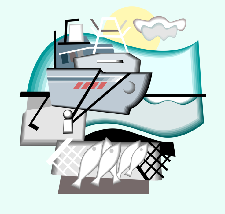 Vector Illustration of Commercial Fishing Trawler Boat Vessel with Fish and Nets