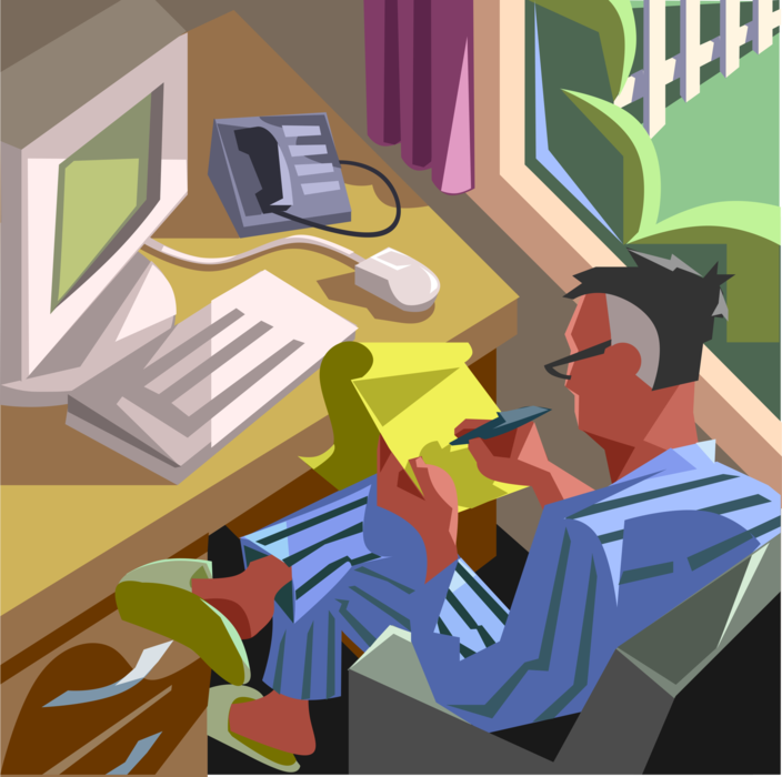 Vector Illustration of Under the Weather Businessman Working From Home in Pyjamas