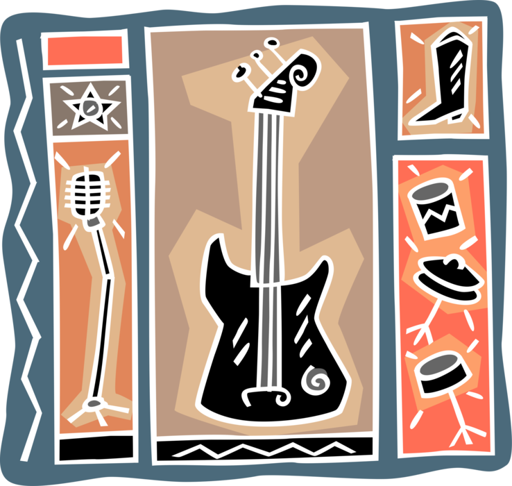 Vector Illustration of Electric Bass Guitar with Microphone, Drum Set or Drum Kit and Boots